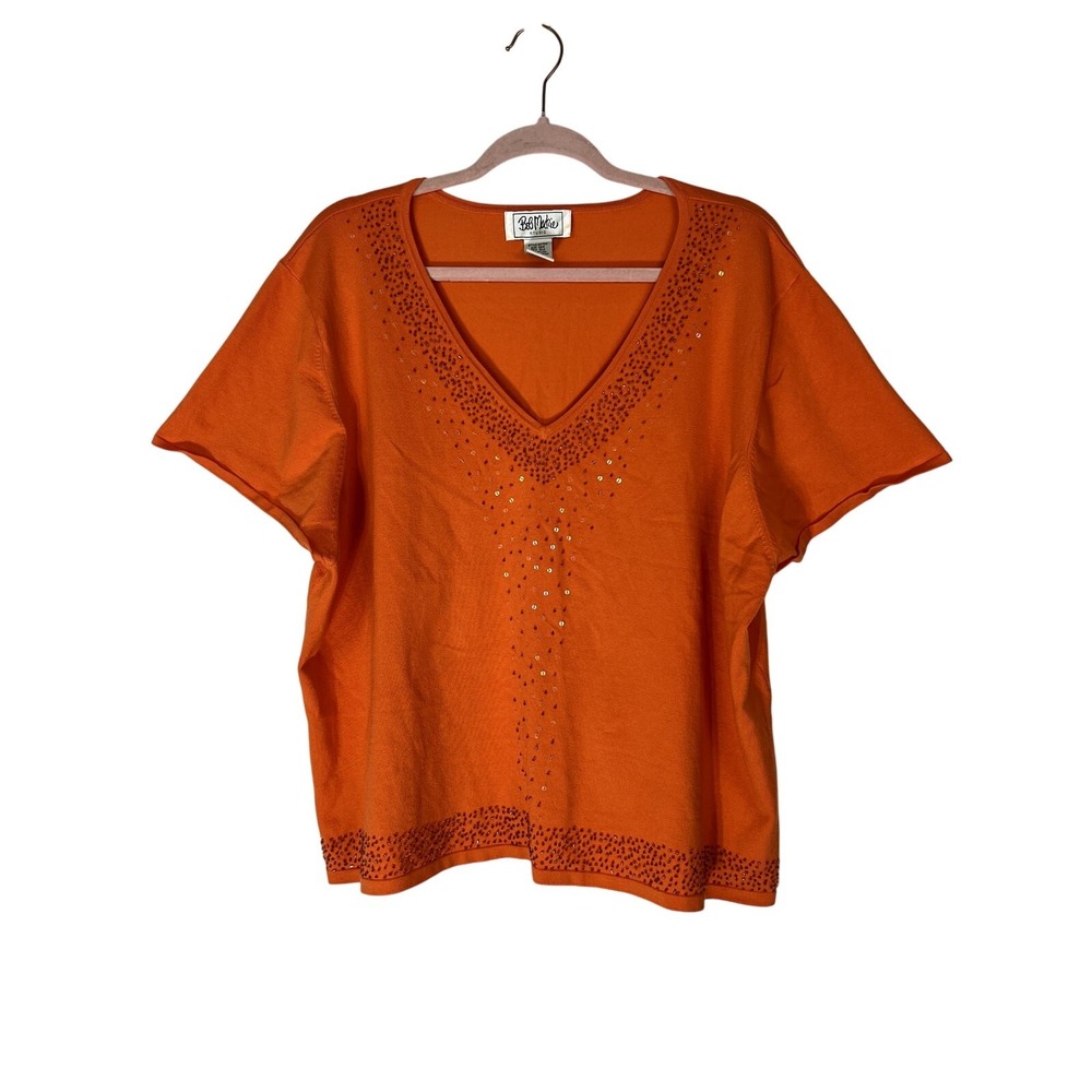Bob Mackie Bright Orange Sequins Beading Short Silk Blend Knit Sweater Size 22W